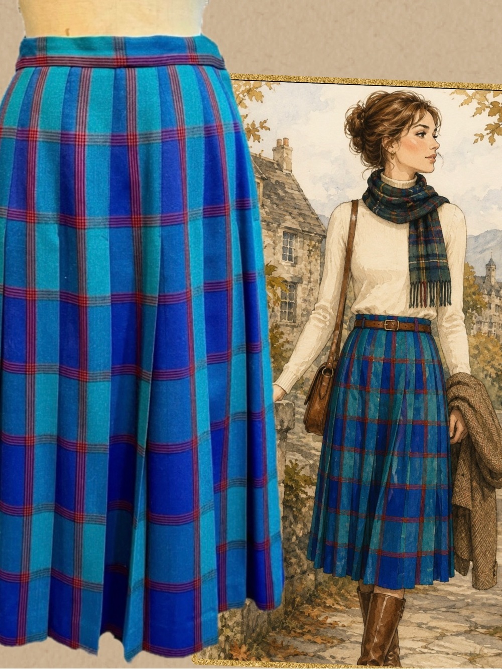 VINTAGE 80s tartan plaid wool pleated midi skirt dark moody academia preppy